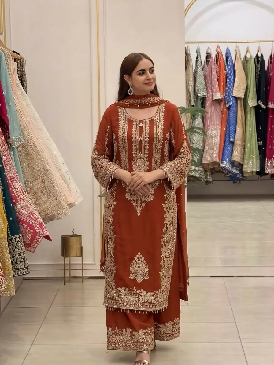 SR 1716 Rust Colour Faux Georgette Salwar Suit with Lace Work. Introductory Price ₹2449. Delivery 4-6 Working Days. Shop now. | Casual Suits, Jump Suits, Creative suits, Designer Suits, Palazzo Suits, Party Wear Suits, Patiala Suits, Salwar suit, Straight Suits