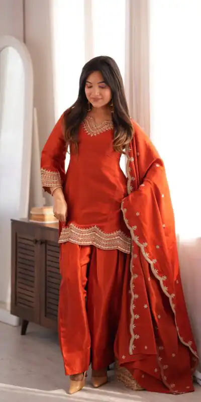 KB 307 Rust in Glass Roman Silk. Sequins Work & Embroidery Work Salwar Suit Festive Deal ₹1999. Delivery 4-6 Working Days. Shop now. | Casual Suits, Jump Suits, Creative suits, Designer Suits, Palazzo Suits, Party Wear Suits, Patiala Suits, Salwar suit, Straight Suits