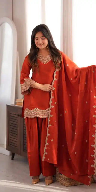 KB 307 Rust in Glass Roman Silk. Sequins Work & Embroidery Work Salwar Suit Festive Deal ₹1999. Delivery 4-6 Working Days. Shop now. | Casual Suits, Jump Suits, Creative suits, Designer Suits, Palazzo Suits, Party Wear Suits, Patiala Suits, Salwar suit, Straight Suits