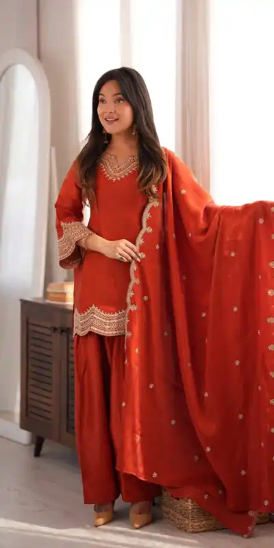 KB 307 Rust in Glass Roman Silk. Sequins Work & Embroidery Work Salwar Suit Festive Deal ₹1999. Delivery 4-6 Working Days. Shop now. | Casual Suits, Jump Suits, Creative suits, Designer Suits, Palazzo Suits, Party Wear Suits, Patiala Suits, Salwar suit, Straight Suits