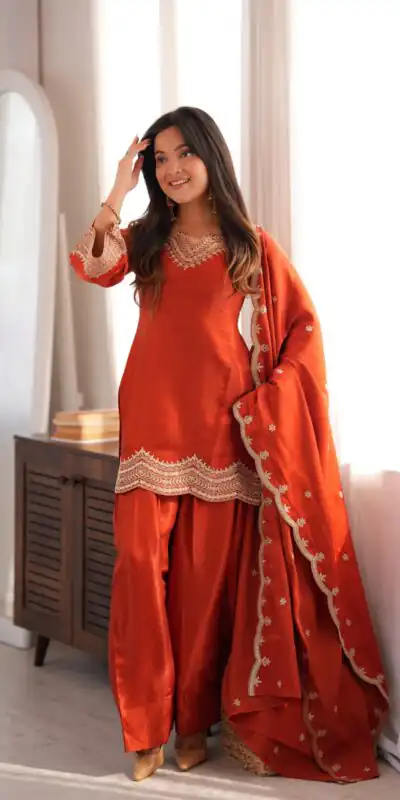 KB 307 Rust in Glass Roman Silk. Sequins Work & Embroidery Work Salwar Suit Festive Deal ₹1999. Delivery 4-6 Working Days. Shop now. | Casual Suits, Jump Suits, Creative suits, Designer Suits, Palazzo Suits, Party Wear Suits, Patiala Suits, Salwar suit, Straight Suits