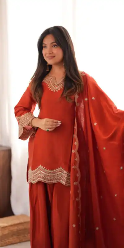 KB 307 Rust in Glass Roman Silk. Sequins Work & Embroidery Work Salwar Suit Festive Deal ₹1999. Delivery 4-6 Working Days. Shop now. | Casual Suits, Jump Suits, Creative suits, Designer Suits, Palazzo Suits, Party Wear Suits, Patiala Suits, Salwar suit, Straight Suits