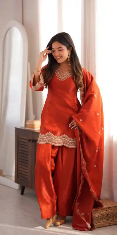 KB 307 Rust in Glass Roman Silk. Sequins Work & Embroidery Work Salwar Suit Festive Deal ₹1999. Delivery 4-6 Working Days. Shop now. | Casual Suits, Jump Suits, Creative suits, Designer Suits, Palazzo Suits, Party Wear Suits, Patiala Suits, Salwar suit, Straight Suits