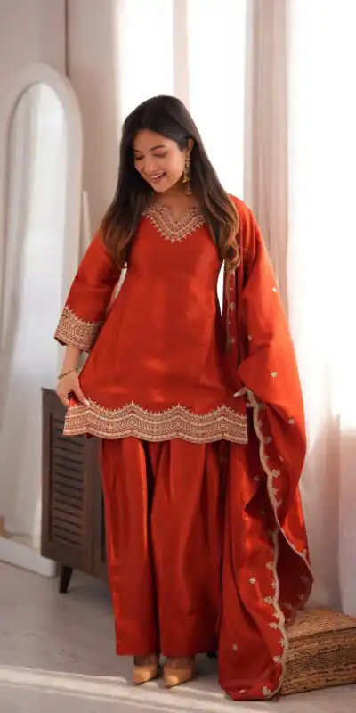 KB 307 Rust in Glass Roman Silk. Sequins Work & Embroidery Work Salwar Suit Festive Deal ₹1999. Delivery 4-6 Working Days. Shop now. | Casual Suits, Jump Suits, Creative suits, Designer Suits, Palazzo Suits, Party Wear Suits, Patiala Suits, Salwar suit, Straight Suits