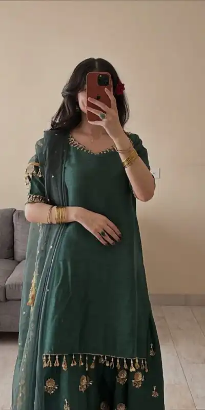 MF 535 Teal Green Aada Slab Silk Salwar Suit with Embroidery Work & Mirror Work. Festive Deal ₹2399. Delivery 4-6 Working Days. Shop now. | Casual Suits, Jump Suits, Creative suits, Designer Suits, Palazzo Suits, Party Wear Suits, Patiala Suits, Salwar suit, Straight Suits