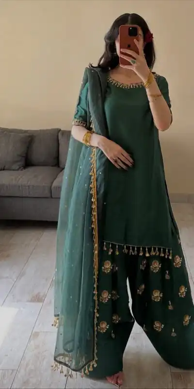 MF 535 Teal Green Aada Slab Silk Salwar Suit with Embroidery Work & Mirror Work. Festive Deal ₹2399. Delivery 4-6 Working Days. Shop now. | Casual Suits, Jump Suits, Creative suits, Designer Suits, Palazzo Suits, Party Wear Suits, Patiala Suits, Salwar suit, Straight Suits