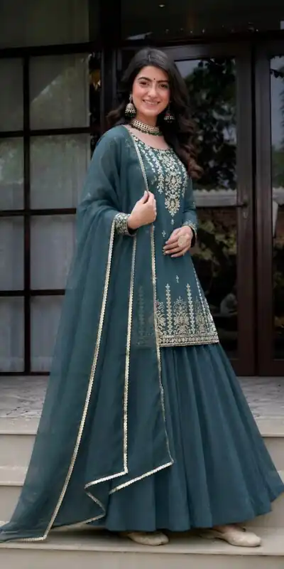 MD 3101 Teal Roman Cotton Lehenga Choli. Perfect for Wedding, Party, Makar Sankranti, Pooja, Anniversary – Grab it for ₹2099. Delivery 4-6 Working Day | Bollywood Lehenga, Creative Lehenga, Designer Lehenga, Embroidered Lehenga, Lehenga, Party Wear Lehenga
