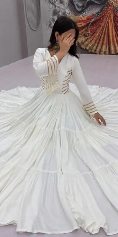 PC 590 White in Color Pure Cotton ace Work Gown . Wedding, Party, Festive, Events Get it for ₹2449. Delivery 4-6 Working Days. Best Online Shop now. | Bollywood Gowns, Creative Gowns, Designer Gowns, Embroidered Gowns, Gowns, Party Wear Gowns