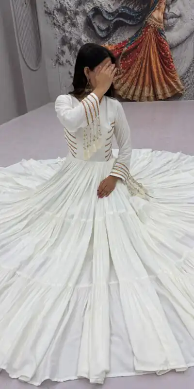 PC 590 White in Color Pure Cotton ace Work Gown . Wedding, Party, Festive, Events Get it for ₹2449. Delivery 4-6 Working Days. Best Online Shop now. | Bollywood Gowns, Creative Gowns, Designer Gowns, Embroidered Gowns, Gowns, Party Wear Gowns