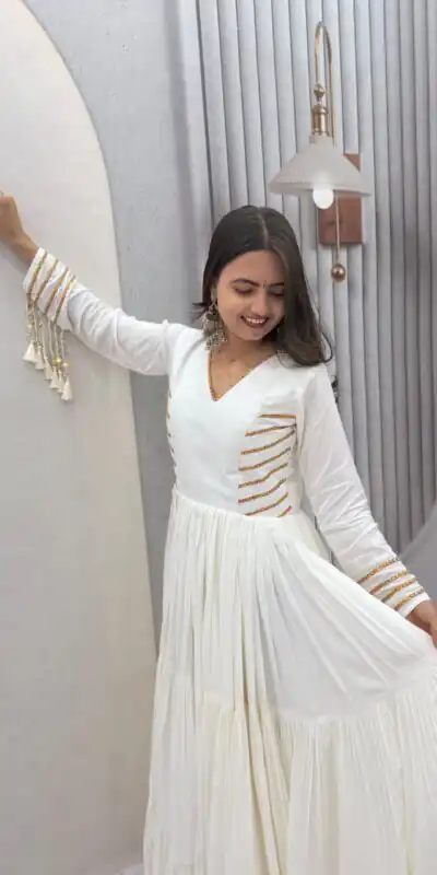 PC 590 White in Color Pure Cotton ace Work Gown . Wedding, Party, Festive, Events Get it for ₹2449. Delivery 4-6 Working Days. Best Online Shop now. | Bollywood Gowns, Creative Gowns, Designer Gowns, Embroidered Gowns, Gowns, Party Wear Gowns