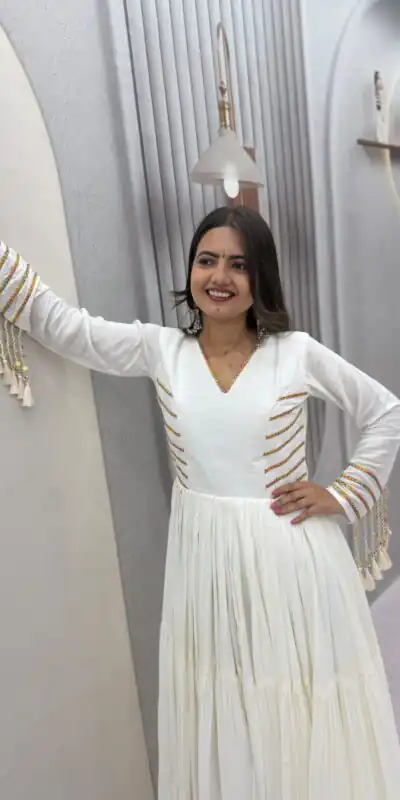 PC 590 White in Color Pure Cotton ace Work Gown . Wedding, Party, Festive, Events Get it for ₹2449. Delivery 4-6 Working Days. Best Online Shop now. | Bollywood Gowns, Creative Gowns, Designer Gowns, Embroidered Gowns, Gowns, Party Wear Gowns