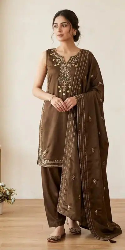 LG 2126 Brown Cos Moss Salwar Suit with Embroidery Work & Sequins Work. Affordable Price ₹2149. Delivery 4-6 Working Days. Shop now. | Casual Suits, Jump Suits, Creative suits, Designer Suits, Palazzo Suits, Party Wear Suits, Patiala Suits, Salwar suit, Straight Suits