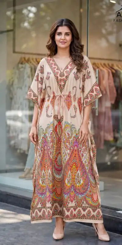 INLI Kaftan vol 7.0 Trendy Cream French Crape Prints Kaftan Kurti . Get it for ₹1399. Delivery 4-6 Working Days. Shop now. | Bollywood Kurti, Creative Kurtis, Designer Kurti, Kurti, Party Wear Kurti, Selfie Kurti