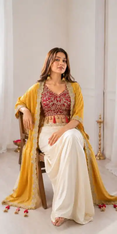 Perfect for Wedding, Party, Festival Celebrations, Holi, Pooja – BB 48 Yellow Yellow Crepe Silk Dhoti Suit. Introductory Price ₹2099. Delivery 4-6 Working | Casual Suits, Jump Suits, Creative suits, Designer Suits, Palazzo Suits, Party Wear Suits, Patiala Suits, Salwar suit, Straight Suits