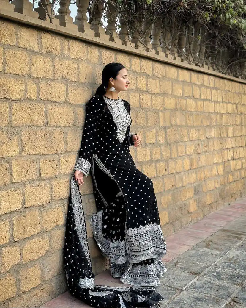 ZB 5064 Black Faux Georgette Salwar Suit with Embroidery Work. Available at ₹2049 only. Delivery 4-6 Working Days. Shop now. | Casual Suits, Jump Suits, Creative suits, Designer Suits, Palazzo Suits, Party Wear Suits, Patiala Suits, Salwar suit, Straight Suits
