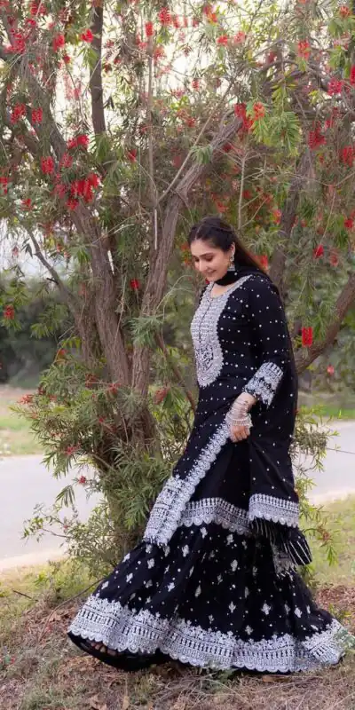 ZB 5064 Black Faux Georgette Salwar Suit with Embroidery Work. Available at ₹2049 only. Delivery 4-6 Working Days. Shop now. | Casual Suits, Jump Suits, Creative suits, Designer Suits, Palazzo Suits, Party Wear Suits, Patiala Suits, Salwar suit, Straight Suits