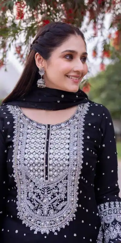 ZB 5064 Black Faux Georgette Salwar Suit with Embroidery Work. Available at ₹2049 only. Delivery 4-6 Working Days. Shop now. | Casual Suits, Jump Suits, Creative suits, Designer Suits, Palazzo Suits, Party Wear Suits, Patiala Suits, Salwar suit, Straight Suits
