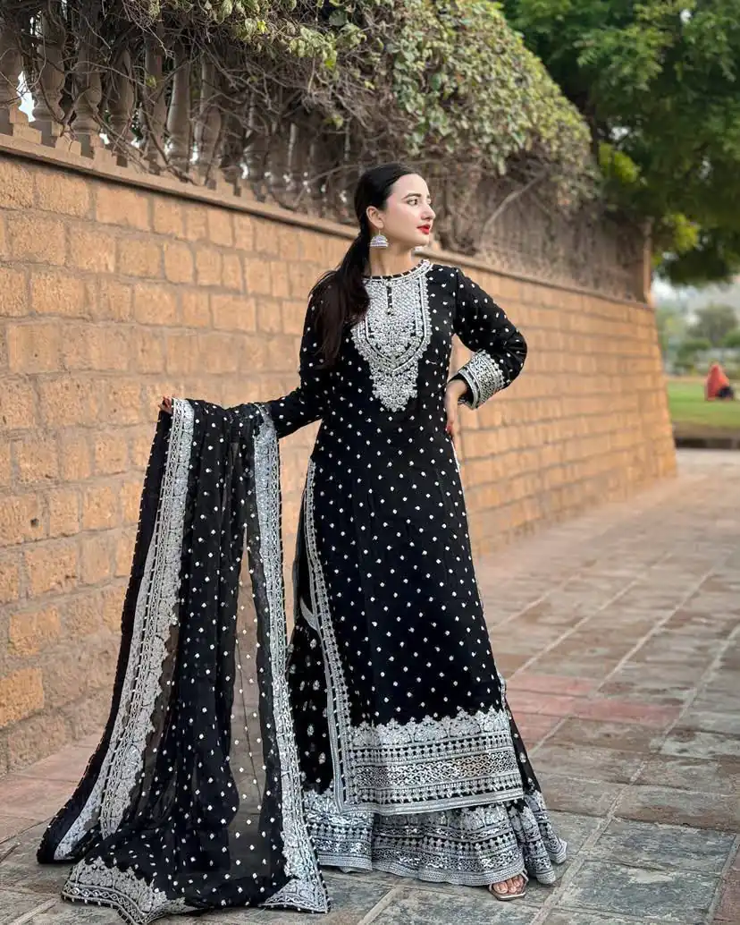 ZB 5064 Black Faux Georgette Salwar Suit with Embroidery Work. Available at ₹2049 only. Delivery 4-6 Working Days. Shop now. | Casual Suits, Jump Suits, Creative suits, Designer Suits, Palazzo Suits, Party Wear Suits, Patiala Suits, Salwar suit, Straight Suits