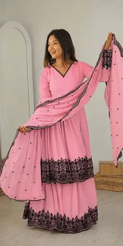 SP 71 Dusty Pink Faux Georgette Salwar Suit with Embroidery Work. Available at ₹2499 only. Delivery 4-6 Working Days. Shop now. | Casual Suits, Jump Suits, Creative suits, Designer Suits, Palazzo Suits, Party Wear Suits, Patiala Suits, Salwar suit, Straight Suits