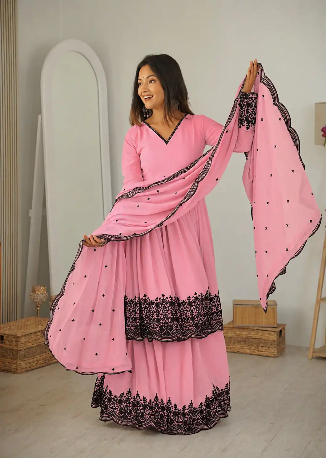 SP 71 Dusty Pink Faux Georgette Salwar Suit with Embroidery Work. Available at ₹2499 only. Delivery 4-6 Working Days. Shop now. | Casual Suits, Jump Suits, Creative suits, Designer Suits, Palazzo Suits, Party Wear Suits, Patiala Suits, Salwar suit, Straight Suits