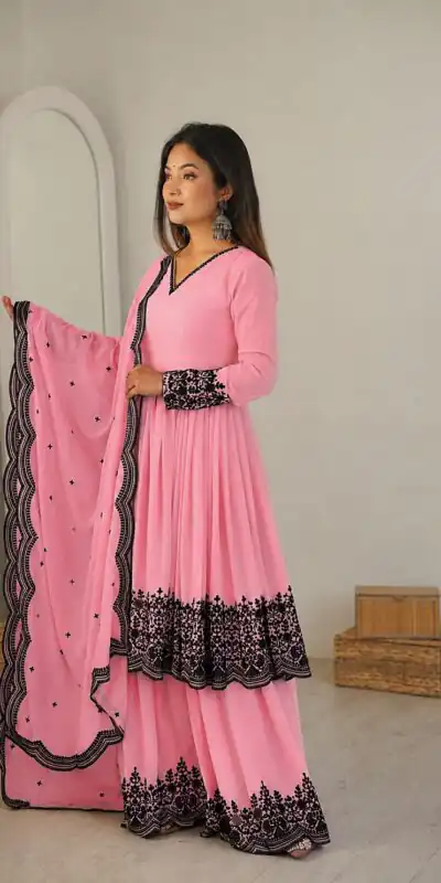 SP 71 Dusty Pink Faux Georgette Salwar Suit with Embroidery Work. Available at ₹2499 only. Delivery 4-6 Working Days. Shop now. | Casual Suits, Jump Suits, Creative suits, Designer Suits, Palazzo Suits, Party Wear Suits, Patiala Suits, Salwar suit, Straight Suits