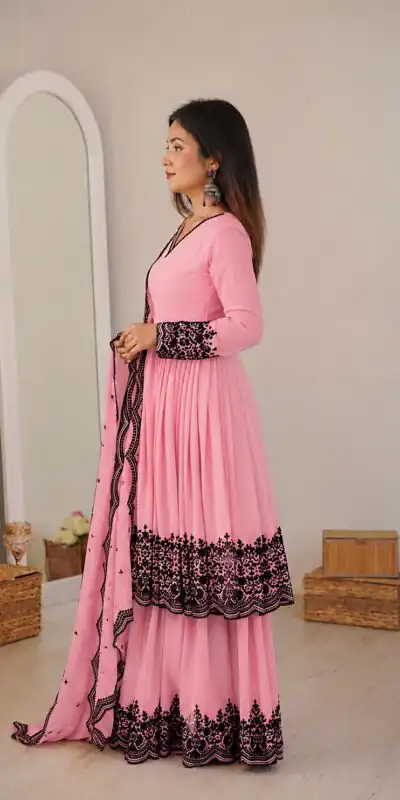 SP 71 Dusty Pink Faux Georgette Salwar Suit with Embroidery Work. Available at ₹2499 only. Delivery 4-6 Working Days. Shop now. | Casual Suits, Jump Suits, Creative suits, Designer Suits, Palazzo Suits, Party Wear Suits, Patiala Suits, Salwar suit, Straight Suits