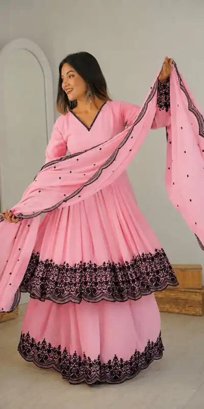 SP 71 Dusty Pink Faux Georgette Salwar Suit with Embroidery Work. Available at ₹2499 only. Delivery 4-6 Working Days. Shop now. | Casual Suits, Jump Suits, Creative suits, Designer Suits, Palazzo Suits, Party Wear Suits, Patiala Suits, Salwar suit, Straight Suits