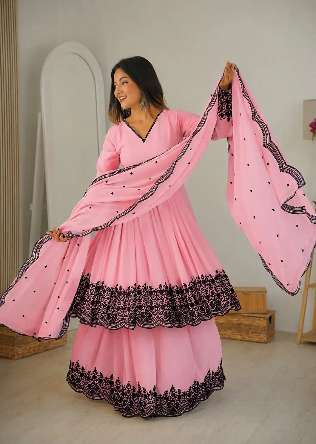SP 71 Dusty Pink Faux Georgette Salwar Suit with Embroidery Work. Available at ₹2499 only. Delivery 4-6 Working Days. Shop now. | Casual Suits, Jump Suits, Creative suits, Designer Suits, Palazzo Suits, Party Wear Suits, Patiala Suits, Salwar suit, Straight Suits