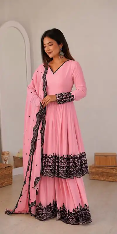 SP 71 Dusty Pink Faux Georgette Salwar Suit with Embroidery Work. Available at ₹2499 only. Delivery 4-6 Working Days. Shop now. | Casual Suits, Jump Suits, Creative suits, Designer Suits, Palazzo Suits, Party Wear Suits, Patiala Suits, Salwar suit, Straight Suits