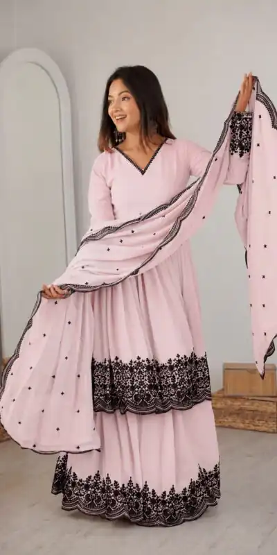 SP 71 Pink Faux Georgette Salwar Suit with Embroidery Work. Available at ₹2499 only. Delivery 4-6 Working Days. Shop now. | Casual Suits, Jump Suits, Creative suits, Designer Suits, Palazzo Suits, Party Wear Suits, Patiala Suits, Salwar suit, Straight Suits