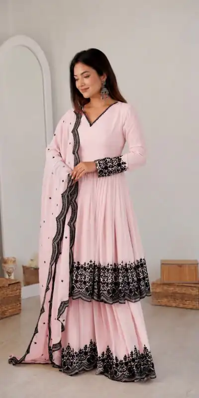 SP 71 Pink Faux Georgette Salwar Suit with Embroidery Work. Available at ₹2499 only. Delivery 4-6 Working Days. Shop now. | Casual Suits, Jump Suits, Creative suits, Designer Suits, Palazzo Suits, Party Wear Suits, Patiala Suits, Salwar suit, Straight Suits
