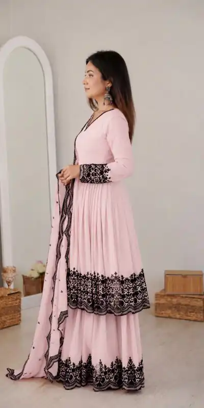 SP 71 Pink Faux Georgette Salwar Suit with Embroidery Work. Available at ₹2499 only. Delivery 4-6 Working Days. Shop now. | Casual Suits, Jump Suits, Creative suits, Designer Suits, Palazzo Suits, Party Wear Suits, Patiala Suits, Salwar suit, Straight Suits