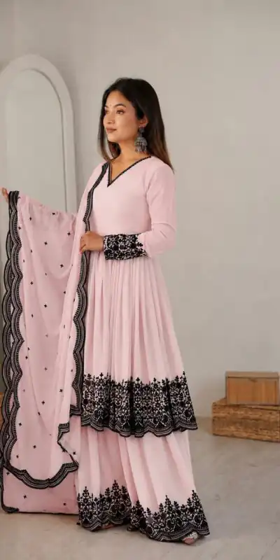 SP 71 Pink Faux Georgette Salwar Suit with Embroidery Work. Available at ₹2499 only. Delivery 4-6 Working Days. Shop now. | Casual Suits, Jump Suits, Creative suits, Designer Suits, Palazzo Suits, Party Wear Suits, Patiala Suits, Salwar suit, Straight Suits