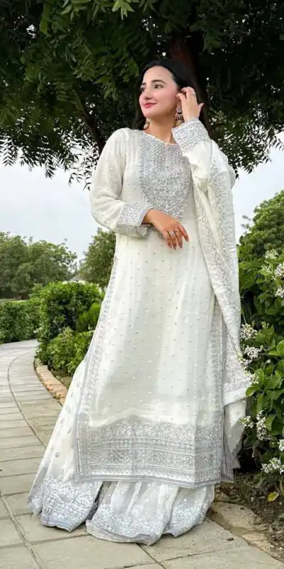 ZB 5064 White Faux Georgette Salwar Suit with Embroidery Work. Available at ₹2049 only. Delivery 4-6 Working Days. Shop now. | Casual Suits, Jump Suits, Creative suits, Designer Suits, Palazzo Suits, Party Wear Suits, Patiala Suits, Salwar suit, Straight Suits