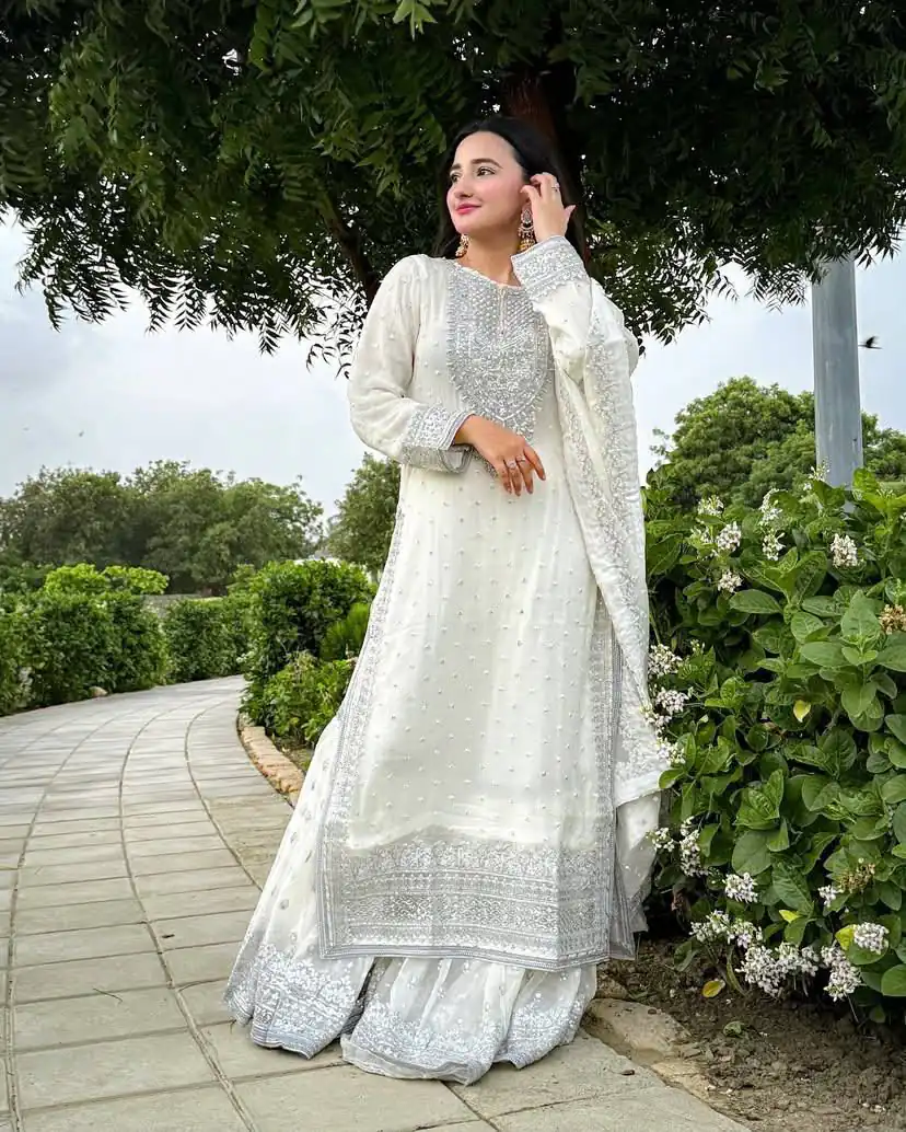 ZB 5064 White Faux Georgette Salwar Suit with Embroidery Work. Available at ₹2049 only. Delivery 4-6 Working Days. Shop now. | Casual Suits, Jump Suits, Creative suits, Designer Suits, Palazzo Suits, Party Wear Suits, Patiala Suits, Salwar suit, Straight Suits