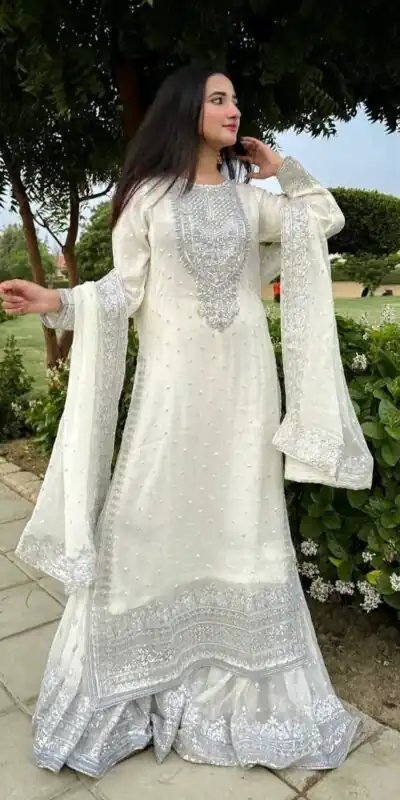 ZB 5064 White Faux Georgette Salwar Suit with Embroidery Work. Available at ₹2049 only. Delivery 4-6 Working Days. Shop now. | Casual Suits, Jump Suits, Creative suits, Designer Suits, Palazzo Suits, Party Wear Suits, Patiala Suits, Salwar suit, Straight Suits
