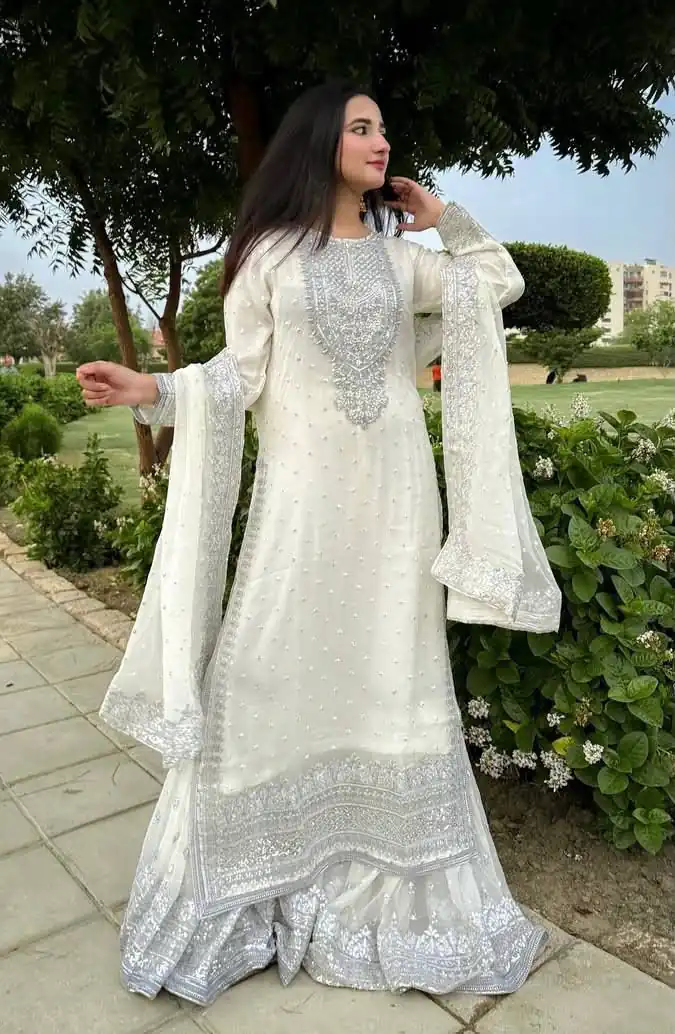 ZB 5064 White Faux Georgette Salwar Suit with Embroidery Work. Available at ₹2049 only. Delivery 4-6 Working Days. Shop now. | Casual Suits, Jump Suits, Creative suits, Designer Suits, Palazzo Suits, Party Wear Suits, Patiala Suits, Salwar suit, Straight Suits