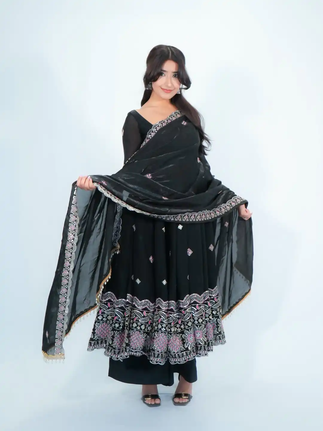 Aglow Black Fendy Satin Lace Embroidery Work Gown