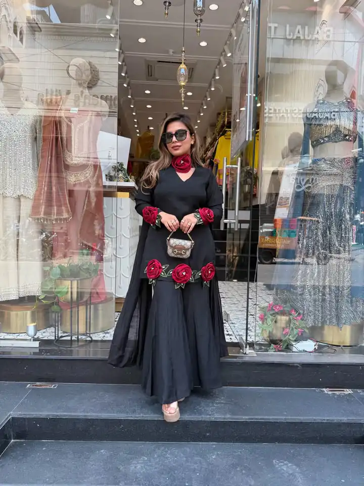 Aglow Black French Crep Silk Moti Work Salwar Suit