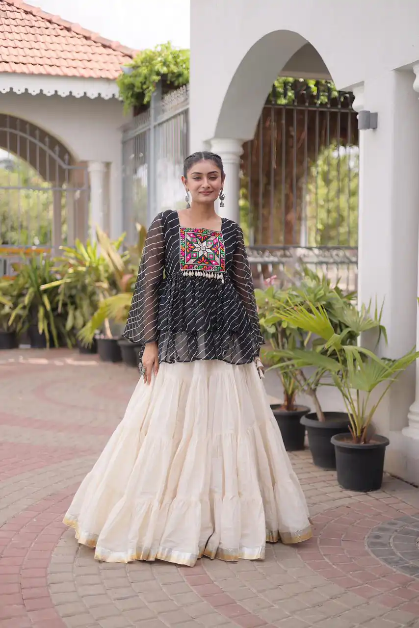 Aglow Black Kora Cotton Kutchi Patch Work Lehenga Choli - Image 3