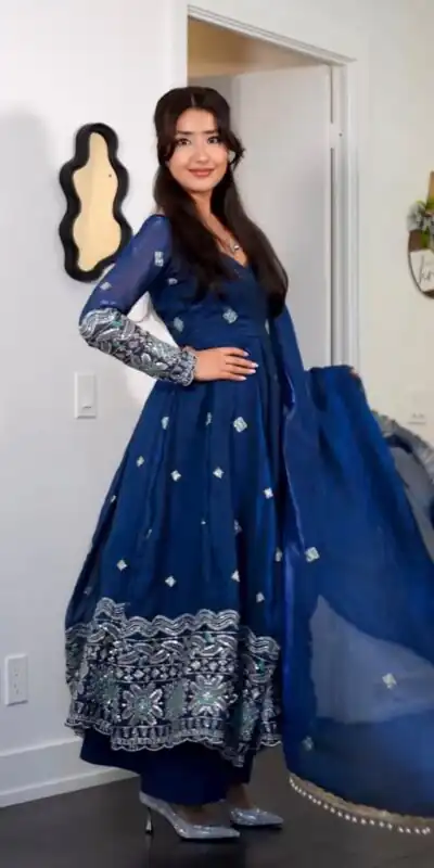 Alternative view of Aglow Blue Fendy Satin Lace Embroidery Work Gown