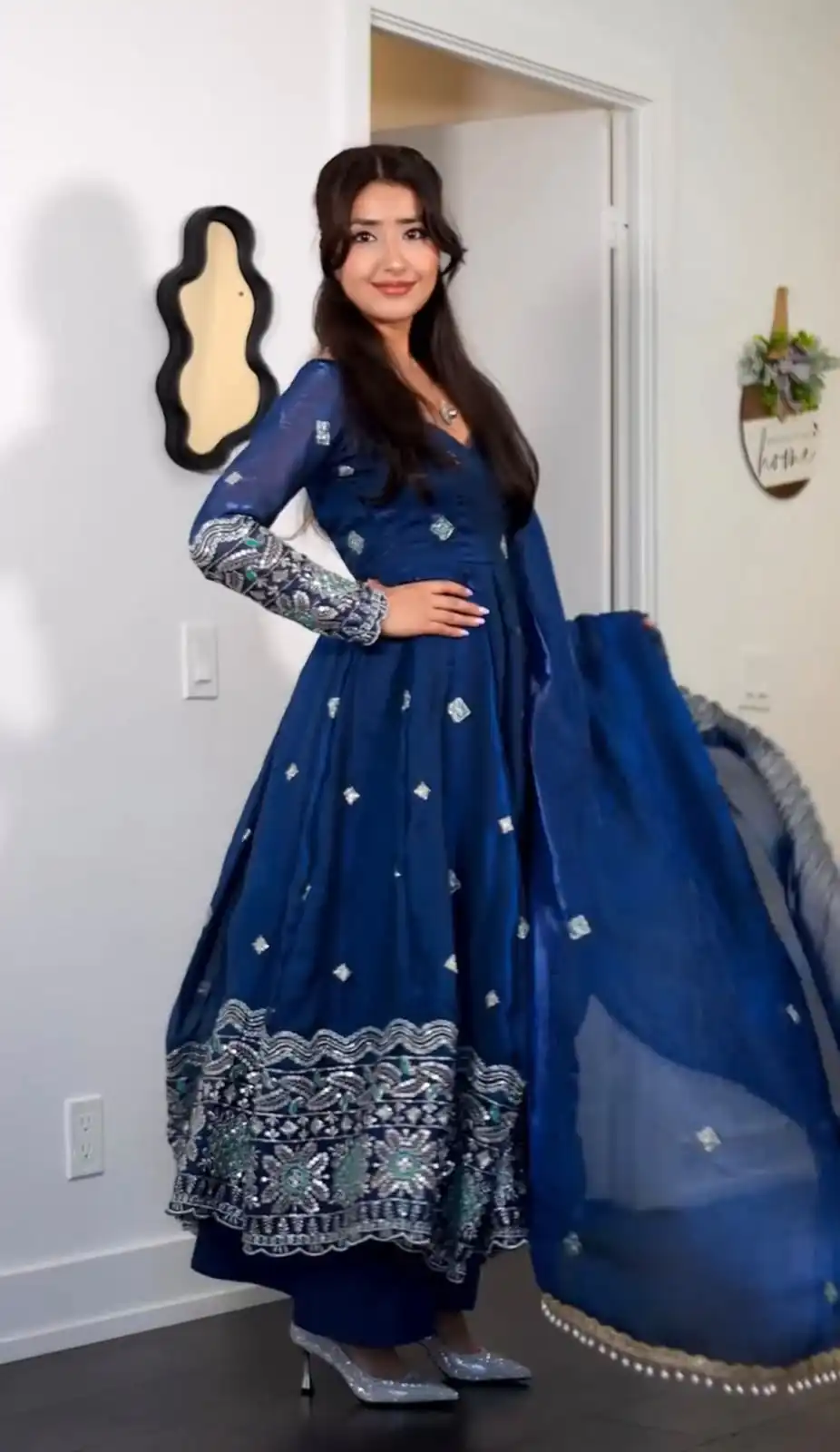 Aglow Blue Fendy Satin Lace Embroidery Work Gown - Image 2