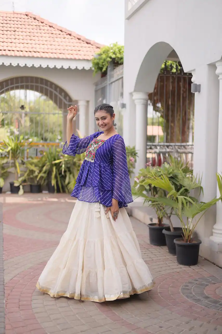 Aglow Blue Kora Cotton Kutchi Patch Work Lehenga Choli - Image 3