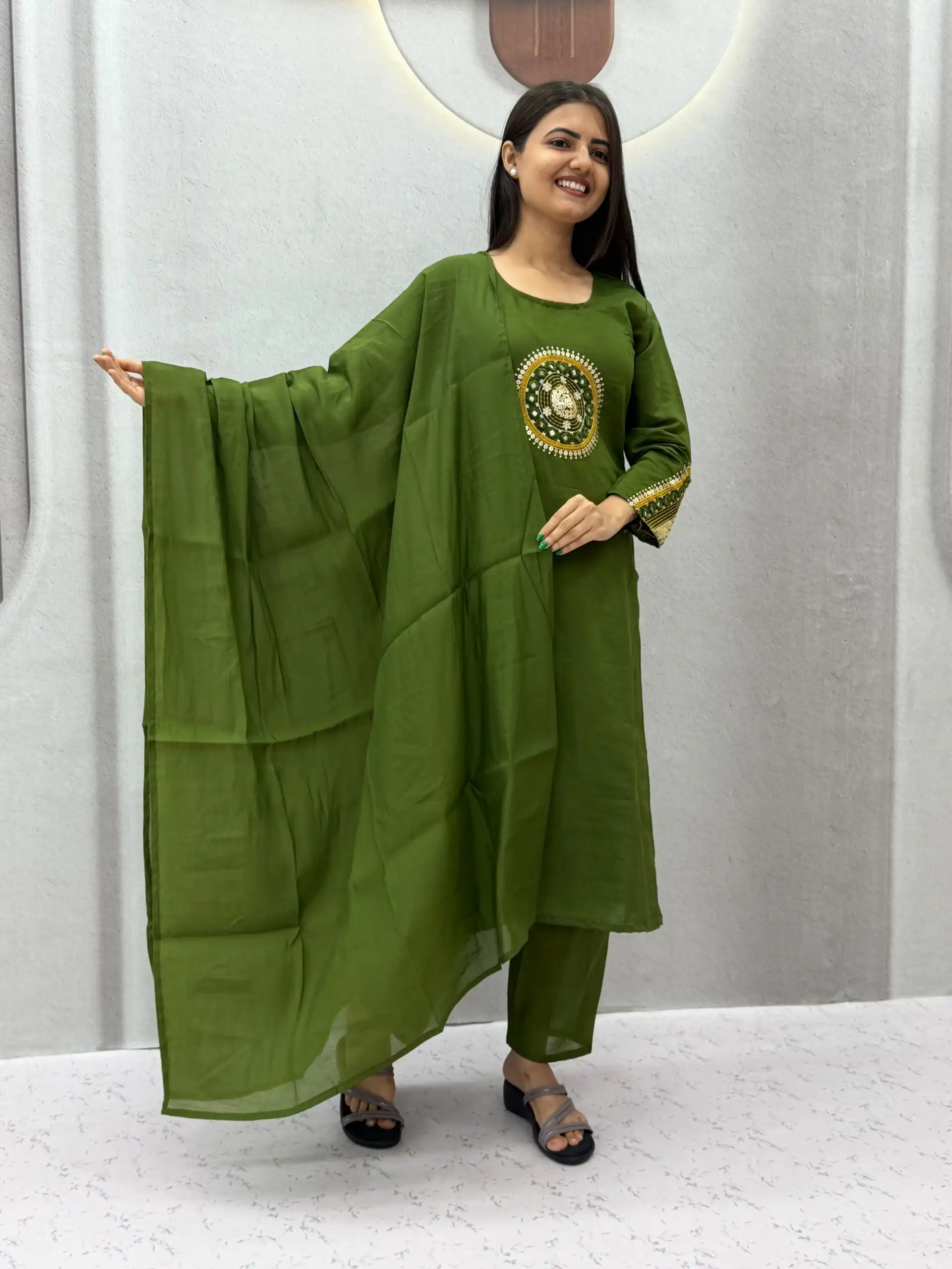 Aglow Green Roman Silk Hand Work Salwar Suit - Image 5