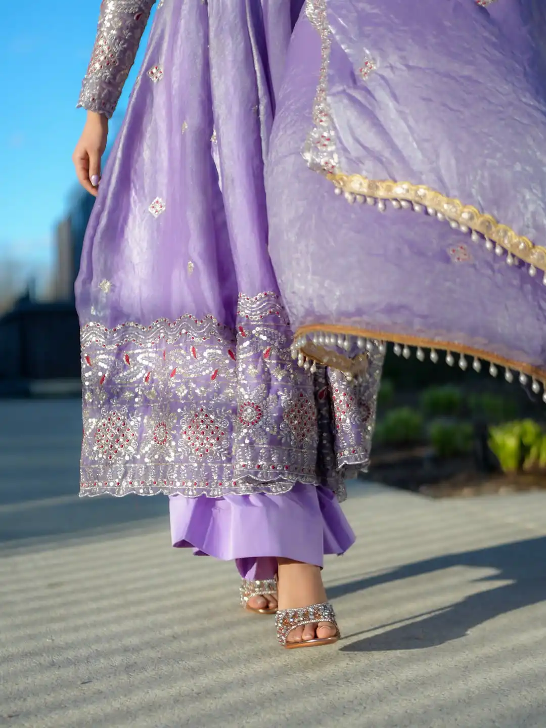 Aglow Lavender Fendy Satin Lace Embroidery Work Gown - Image 3