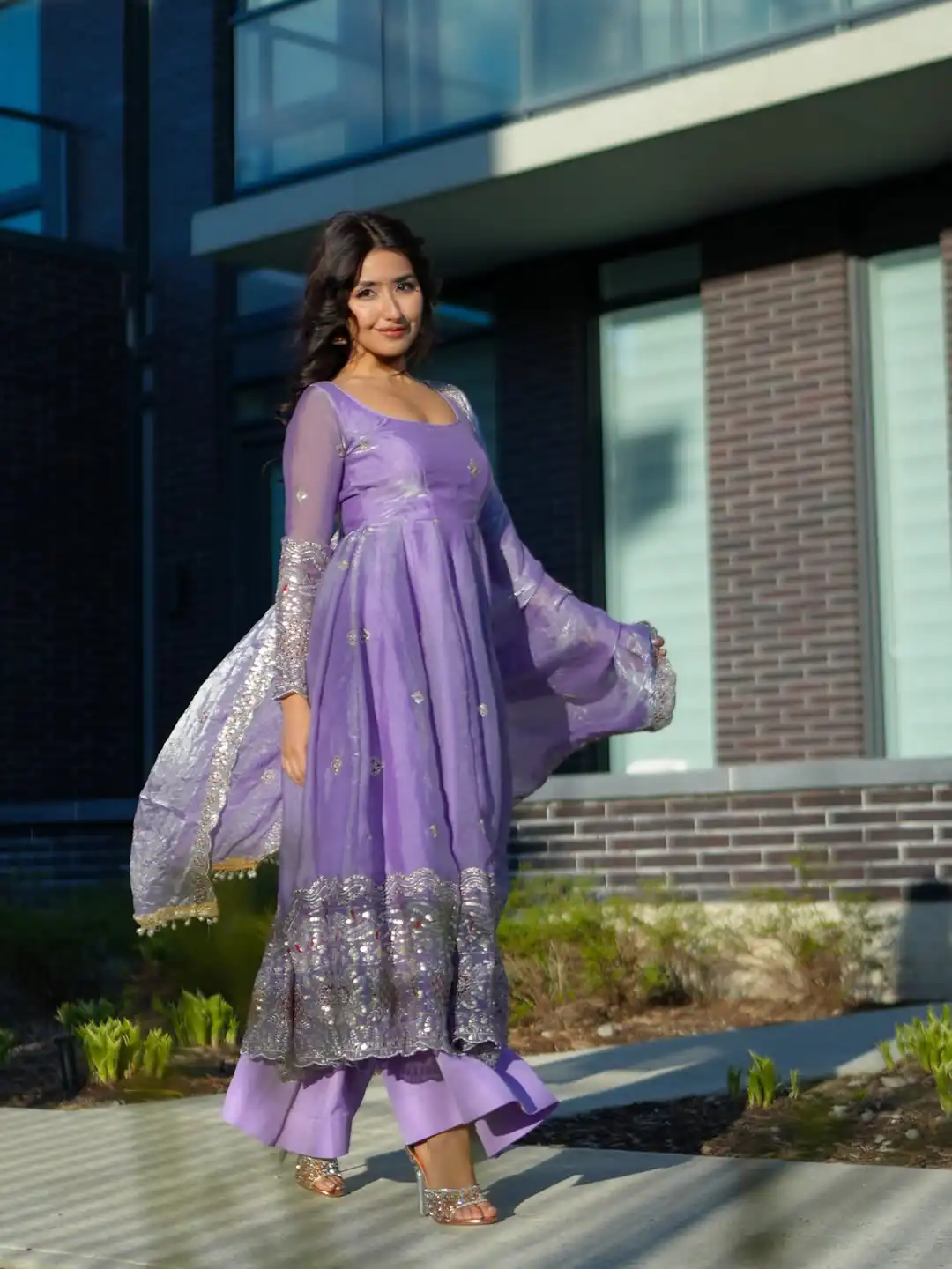 Aglow Lavender Fendy Satin Lace Embroidery Work Gown