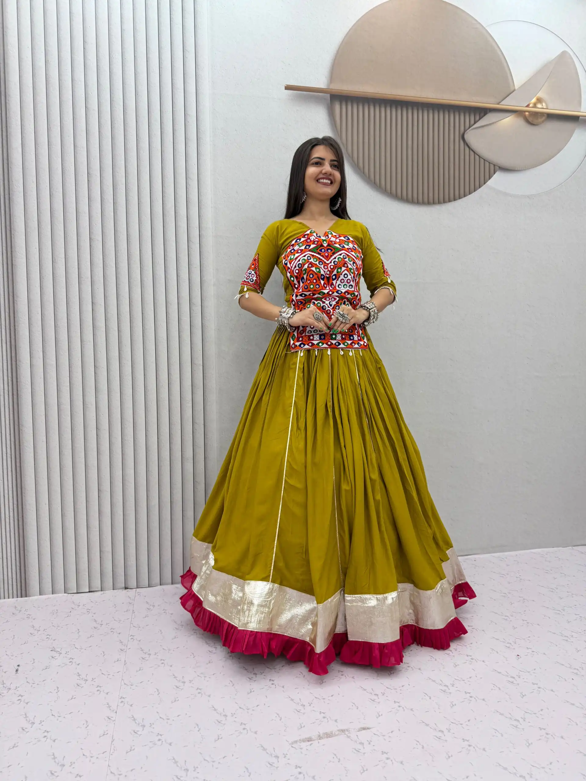Aglow Mustered Pure Cotton Gamthi Work Lehenga Choli - Image 5