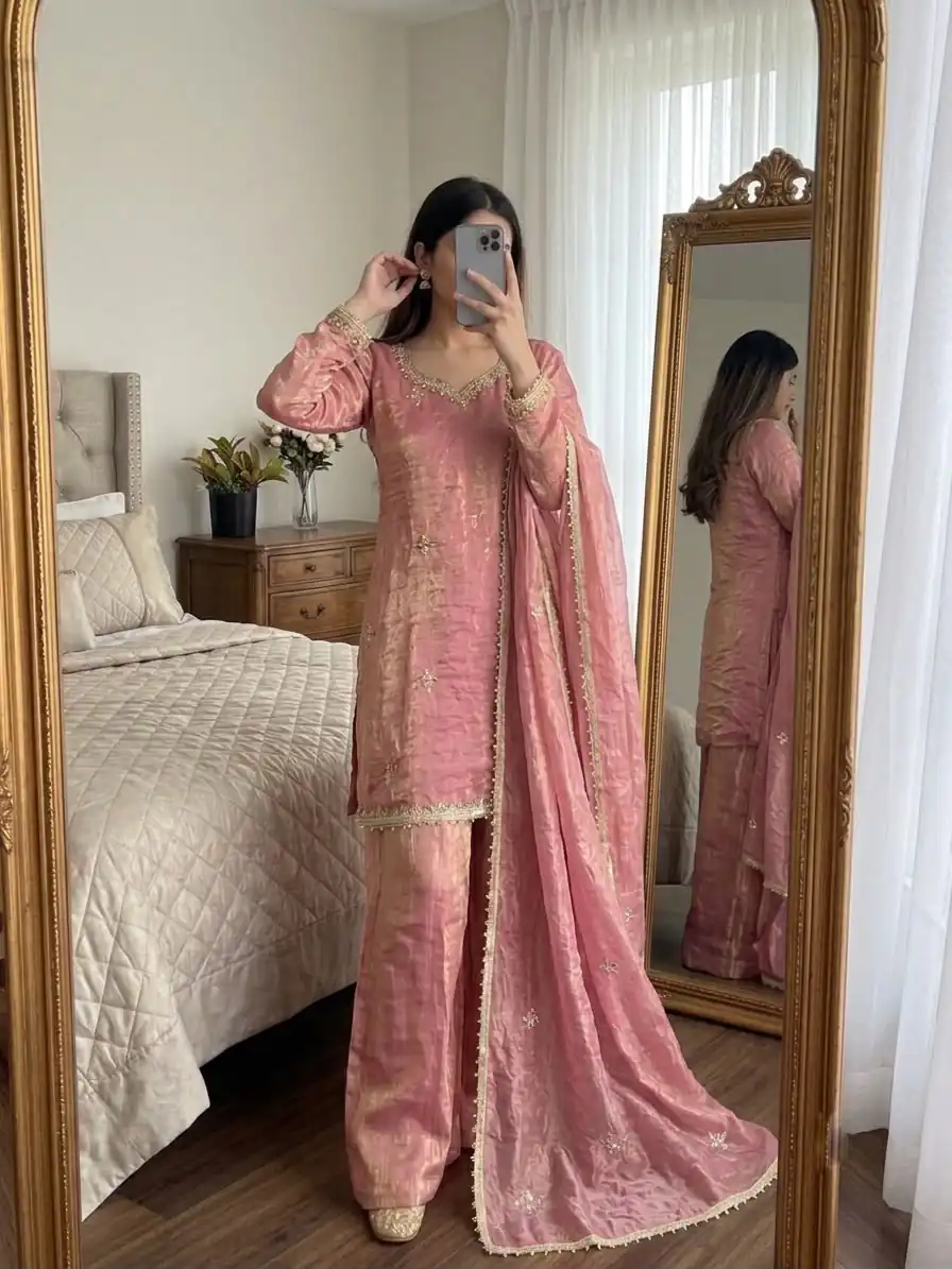 Aglow Peach Fendy Silk ⁠Embroidery Work Salwar Suit - Image 3
