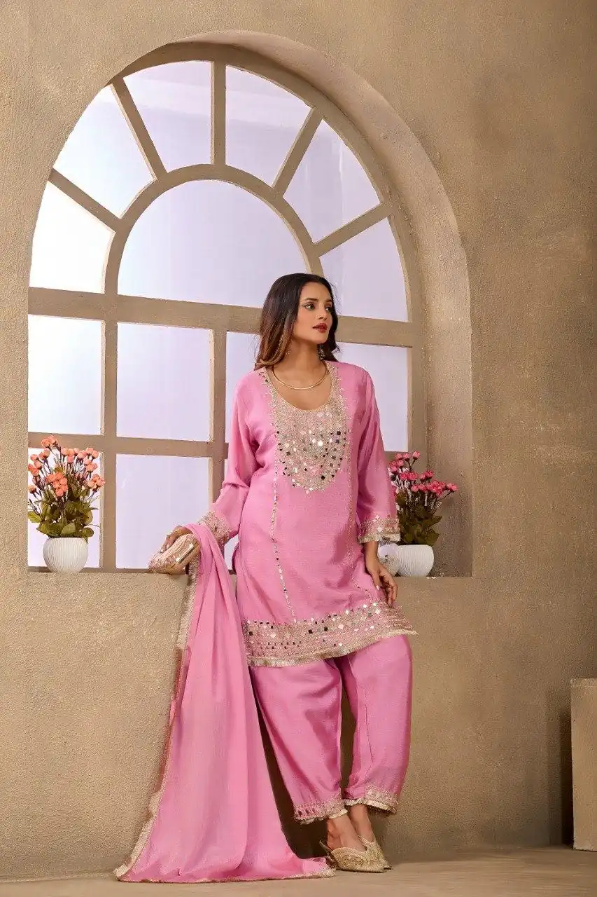 Aglow Pink Chinon Silk Mirror Work Salwar Suit - Image 3