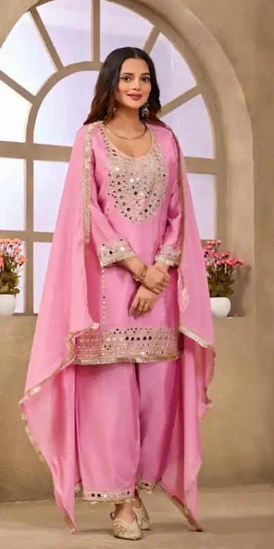 Aglow Pink Chinon Silk Mirror Work Salwar Suit